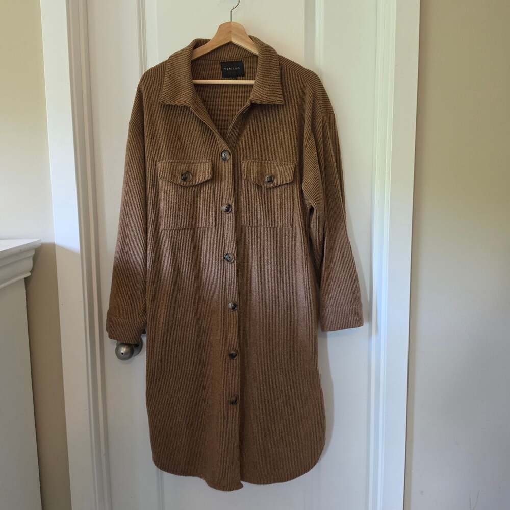 TIMING Brown Waffle Knit Long Sleeve Button Down Shirt Dress Shacket Size L